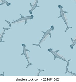Hammerhead Hai nahtloses Muster im skandinavischen Stil. Meerestierhintergrund. Vektorgrafik für Kinder lustige Stoffdrucke, Stoff, Banner, Hintergründe und Wallpaper.