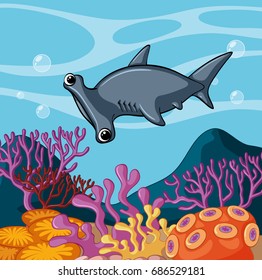 Hammerhead shark swimming under the ocean illustration