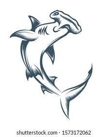 Hammerhead Shark Tattoo drawn in Engraving style. Vector illustration.