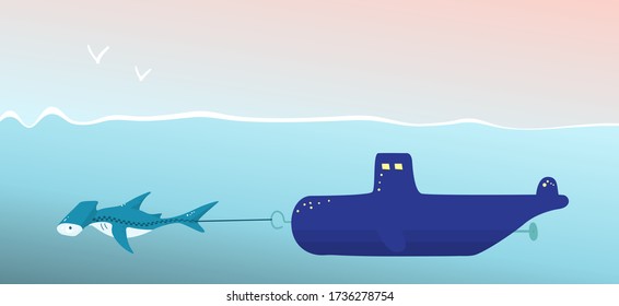 hammerhead shark taxi towing a submarine - illustration in cartoon style