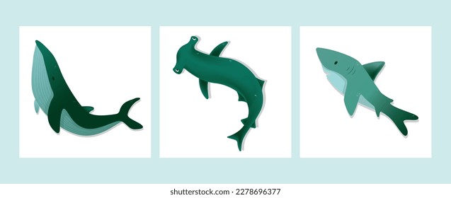 Hammerhead shark underwater giant animal cartoon set design flat vector illustration isolated on background. Seafood shop logo, signboard, restaurant menu, fish market, banner, poster design