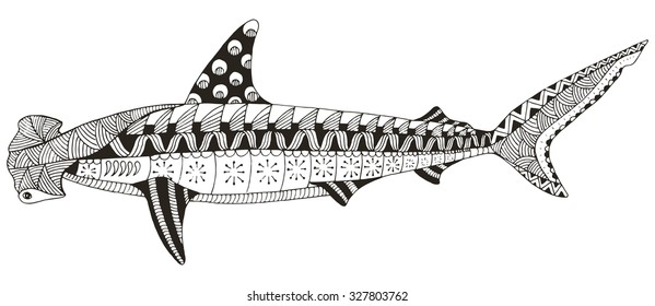 Hammerhead shark zentangle stylized, vector, illustration, pattern, freehand pencil, hand drawn.