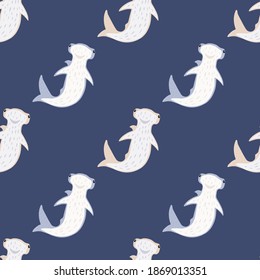 Hammerhead sharks silhouettes in white color seamless pattern. Pastel navy blue background. Decorative backdrop for fabric design, textile print, wrapping, cover. Vector illustration.