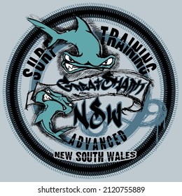 Hammerhead Sharks Swimming In Circle In A Coat Of Arms Of A Surf Training School. Sharks Mascots Of A Surf Team. Surf Mascot Illustration Concept.