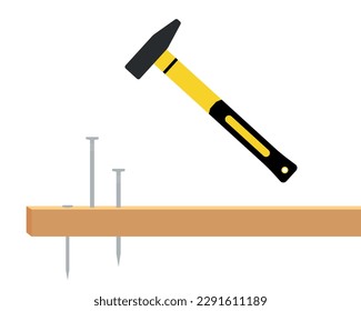 Hammering metal nails into the board wood on white background. large and small steel nails. Vector illustration.