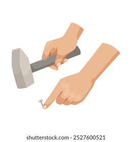 Hammering a nail with hands illustration. Vector illustration