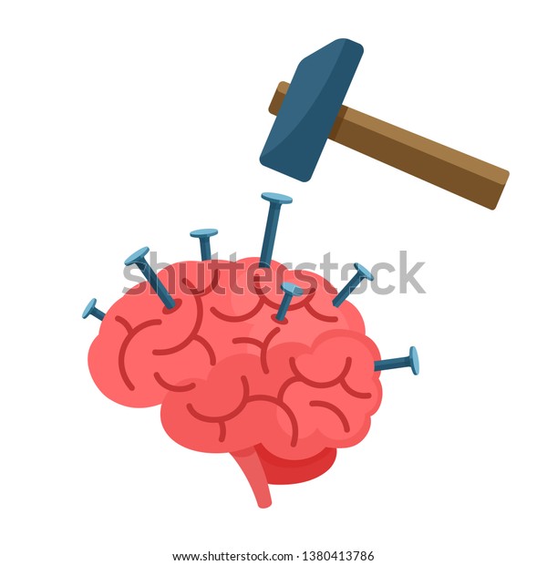 人間の脳に釘を打ち込む 頭痛のコンセプト ステレオタイプを頭に入れる 思考のパターン ベクターイラスト 平らなカートーンスタイル 白い背景に のベクター画像素材 ロイヤリティフリー