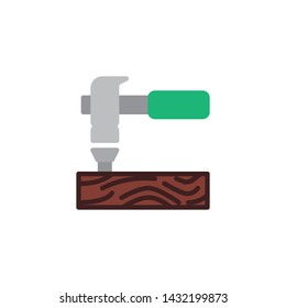 Hammering nails into wood flat icon, vector sign, Hammer, nail and wood plank colorful pictogram isolated on white. House construction symbol, logo illustration. Flat style design