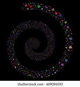 Hammers bang concentric spiral. Vector bright multicolored scattered pictographs.