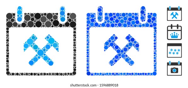 Hammers calendar day composition of filled circles in different sizes and shades, based on hammers calendar day icon. Vector filled circles are grouped into blue composition.