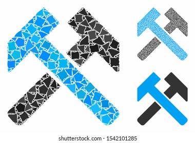 Hammers composition of unequal items in various sizes and color tints, based on hammers icon. Vector tuberous items are grouped into collage. Hammers icons collage with dotted pattern.