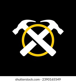 Hammers crossed vector illustration, Crossed hammers silhouette, Carpentry logo, carpenter symbol vector illustration isolated dark background
