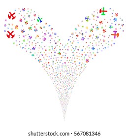 Hammers fireworks stream. Vector illustration style is flat bright multicolored iconic symbols on a white background. Object double fountain combined from random symbols.