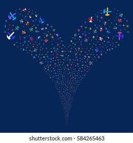 Hammers fireworks stream. Vector illustration style is flat bright multicolored iconic symbols on a blue background. Object double fountain created from random pictographs.