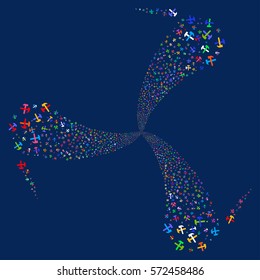 Hammers fireworks swirl rotation. Vector illustration style is flat bright multicolored iconic symbols on a blue background. Object spiral organized from random pictographs.