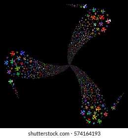 Hammers fireworks swirl rotation. Vector illustration style is flat bright multicolored iconic symbols on a black background. Object twirl organized from random icons.
