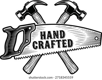 Hämmer handgefertigte Vektorgrafik Vintage-Werkzeuge Typografie Tischlerei Werkstatt Konzept isoliert schwarz auf transparentem Abzeichen für Reparaturservice und Handarbeit
