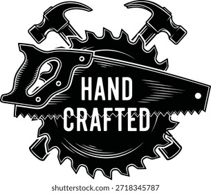 Hämmer handgefertigte Vektorgrafik Vintage-Werkzeuge Typografie Tischlerei Werkstatt Konzept isoliert schwarz auf transparentem Abzeichen für Reparaturservice und Handarbeit