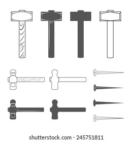 Hammers and hobnails. Vintage Style. Vector Illustration isolated on white background. Blacksmith equipment.