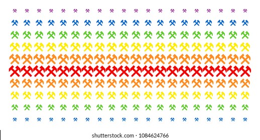 Hammers icon rainbow colored halftone pattern. Vector objects arranged into halftone grid with vertical rainbow colors gradient. Designed for backgrounds, covers, templates and abstract compositions.