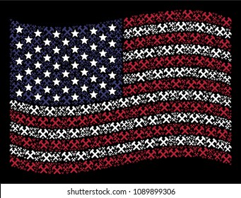 Hammers icons are grouped into waving American flag stylization on a dark background. Vector composition of America state flag is created with hammers elements.