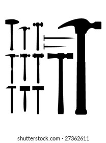 Hammers, mallets, and nails in vector silhouette