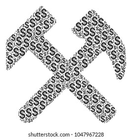 Hammers mosaic of dollars. Vector dollar currency pictograms are grouped into hammers collage.