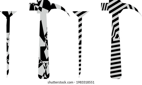herramientas de fijación de martillos y clavos con textura en estilo de op art sobre el concepto de industria de fondo blanco