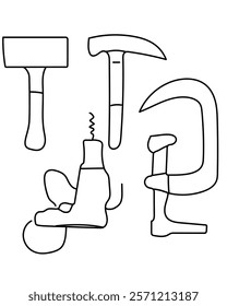 Hammers, Plier, Drill common tools in a construction vector set include a saw, ideal for cutting wood, metal, a drill, which creates holes in various materials. clean, modern vector style.