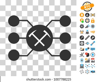 Hammers Pool Connections pictograph with bonus bitcoin mining and blockchain icons. Vector illustration style is flat iconic symbols. Designed for crypto currency websites.