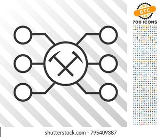 Hammers Pool Nodes pictograph with 7 hundred bonus bitcoin mining and blockchain symbols. Vector illustration style is flat iconic symbols design for crypto currency websites.