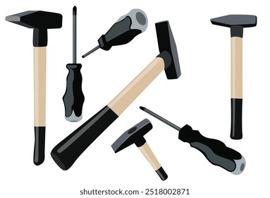 Hammers and screwdrivers isolated on white background.