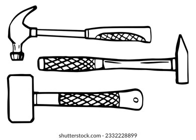 Martillos con uñas. Herramientas o instrumentos para la renovación del hogar.  Herramientas de construcción manual. Dibujo de doodle grabado ilustración vectorial a mano para diseños de Banner, afiche, Hardware Shop. 