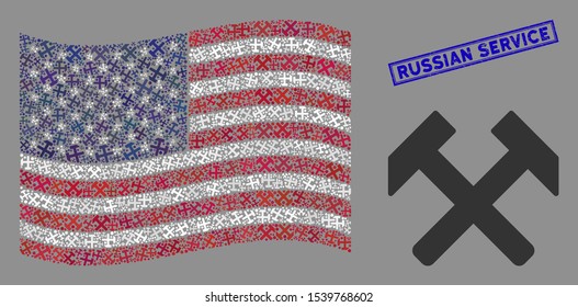 Hammers symbols are organized into USA flag mosaic with blue rectangle rubber stamp seal of Russian Service caption. Vector composition of USA waving official flag is designed of hammers elements.
