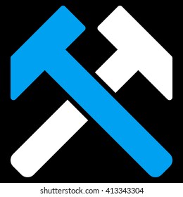 Hammers vector icon. Style is bicolor flat icon symbol, blue and white colors, black background.