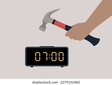 A hammer-wielding hand smashes an alarm clock