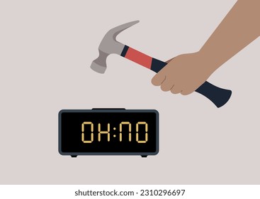 A hammer-wielding hand smashes an alarm clock with letters reading OH NO instead of regular digits, home gadgets