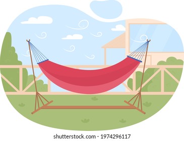 Hammock 2D vector web banner, poster. Summer symbol flat object on cartoon background. Spacious lounging experience. Relax needs. Place for sleeping and resting printable patch, colorful web element
