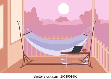 Hammock in backyard for rest flat color vector illustration. Freelancer relaxing working place. Recreation during summer. Home yard 2D cartoon outdoor view with sunset landscape on background