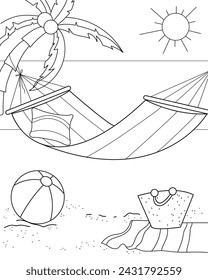 Hammock, beach bag and beach blanket on the beach. Vacation, rest. Coloring page, black and white vector illustration.