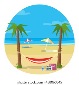 Hammock and beach illustration. Vector image of photos/cards from the trip/ voyage/ travelling/ adventure/ vocation for any purposes. Suitable for mobile and web applications. 