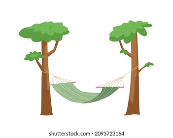 Hammock bed suspended by cords between trees for summer relaxation and vacation on nature, flat cartoon vector illustration isolated on white background.