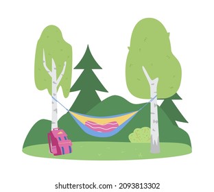 Hammock bed suspended by cords between trees at forest camping, flat cartoon vector illustration isolated on white background. Summer relaxation and vacation on nature.