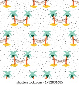 Hammock between coconut palm trees repeating vector background. Seamless summer pattern. 