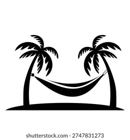 Hammock between palm trees black silhouette.  Hammock palm tree icon. Vector