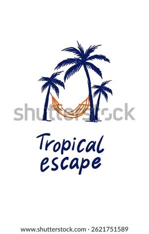 Hammock between palm trees with lettering on white background

