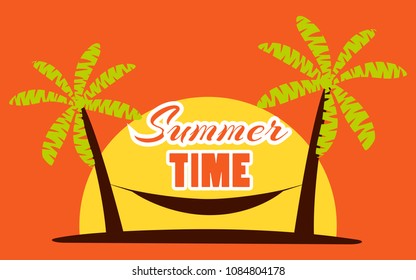 Hammock between palm trees on a sunset background. Summer time, beach vacation, miami. Vector illustration