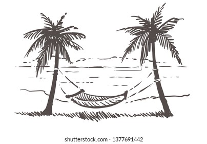 Hammock between palm trees on the sea beach. Samui hand drawn sketch illustration. Isolated on white background.