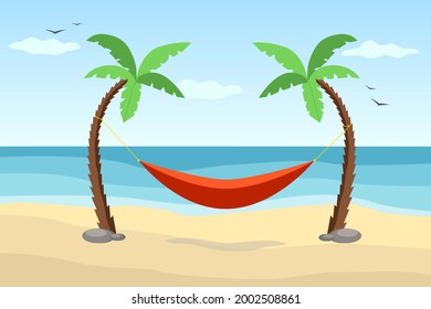 Hammock between palm trees on beach. Flat design. Tropical seascape.