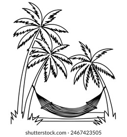 Hammock between palm trees. Vacation on the beach. Vector illustration for travel cards